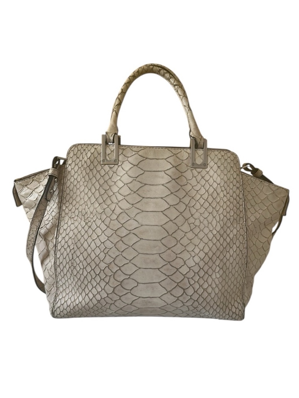 Milly Reece Snake-Embossed Flared Gusset Tote Bag in Cream
